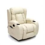 Beige leather-look recliner with a wing-shaped back, cup holders in both arms and a side pocket