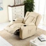 Recliner leaned back with the footrest extended, beside a white chest of drawers