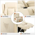 Close-ups labelled thick padding, cup holder, side pocket and retractable footrest