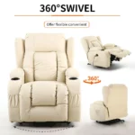 Front view marked 360° swivel, with small views of the recliner reclined and on the raised lift base