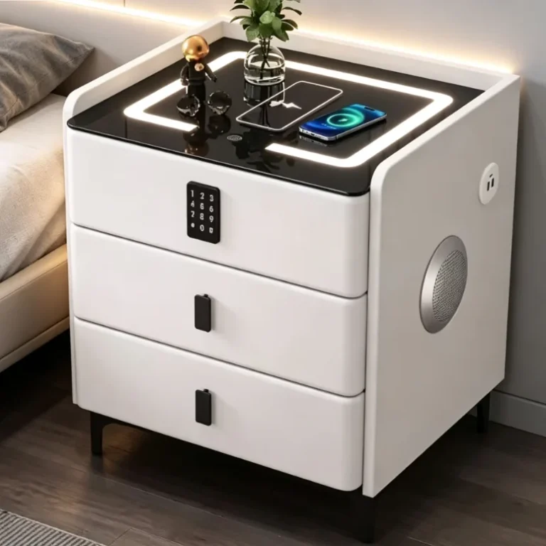White three-drawer nightstand with a lit glass charging top, a keypad on the top drawer and a speaker on the side panel