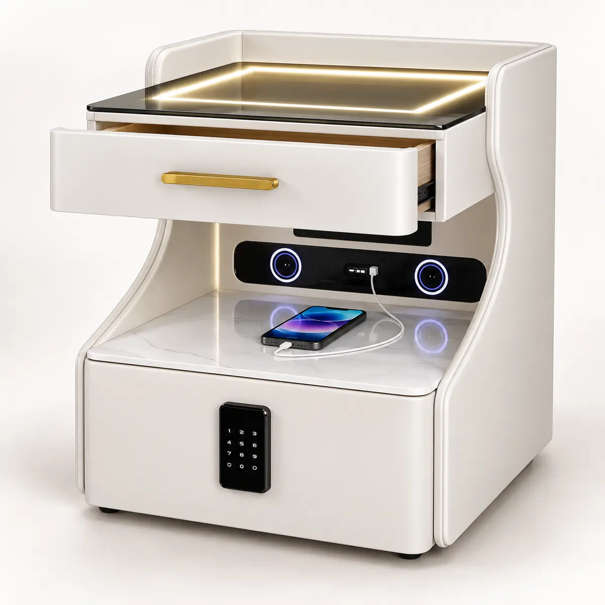 Hotel Smart Nightstand with Open Charging Shelf feature and configuration detail