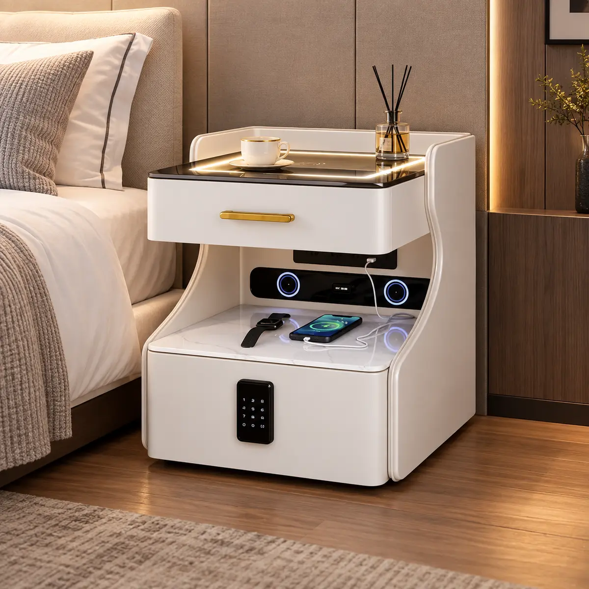 Hotel Smart Nightstand with Open Charging Shelf in a hotel guestroom setting