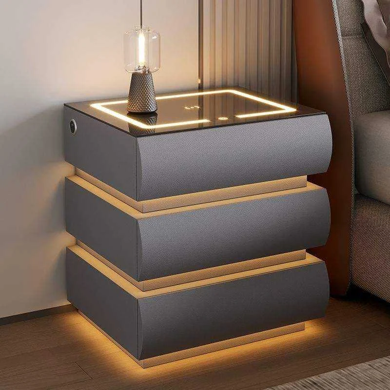 Sculpted Three-Drawer Smart Nightstand with LED Lighting
