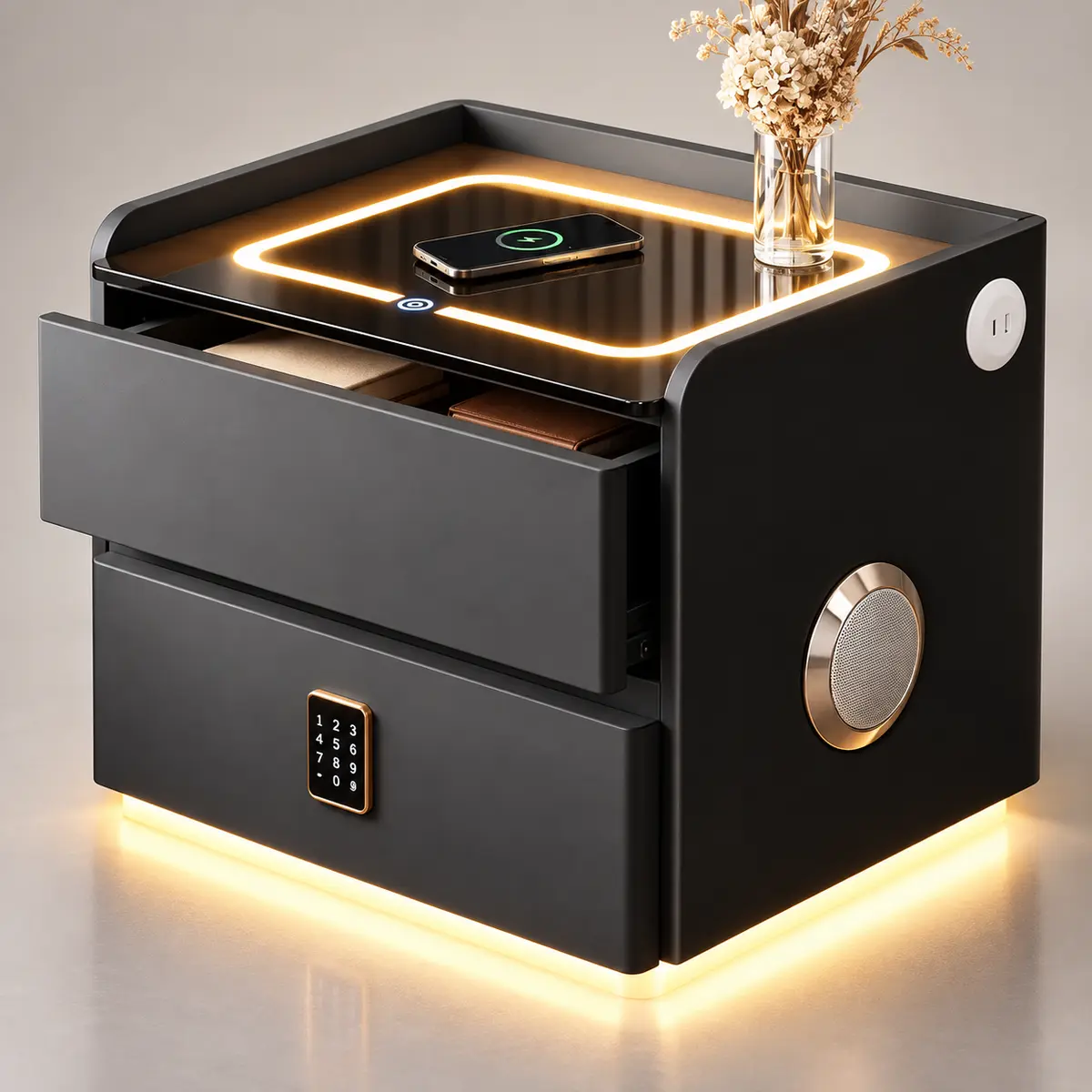 Luxury Smart Nightstand with Bluetooth Speaker & Fingerprint Lock feature and configuration detail