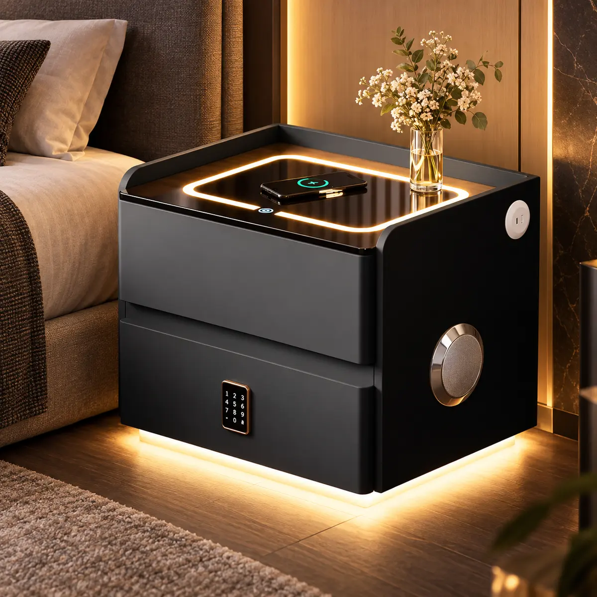 Luxury Smart Nightstand with Bluetooth Speaker & Fingerprint Lock in a hotel guestroom setting