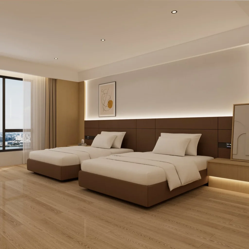 Twin guestroom with two brown upholstered beds, a full-width brown padded headboard wall and light-wood bedside shelves