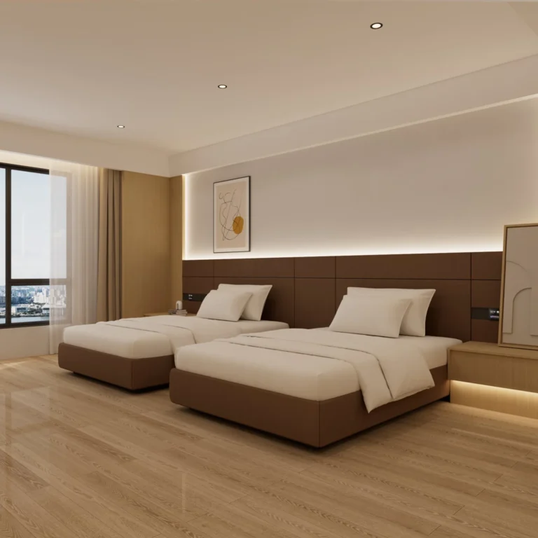 Twin guestroom with two brown upholstered beds, a full-width brown padded headboard wall and light-wood bedside shelves