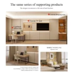 Layout sheet of the same series: TV wall, desk area, shelving and side cabinet, with detail photos