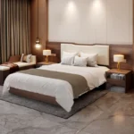 Made-up walnut-tone bed with a cream padded headboard, two nightstands with lamps and a cushioned bench