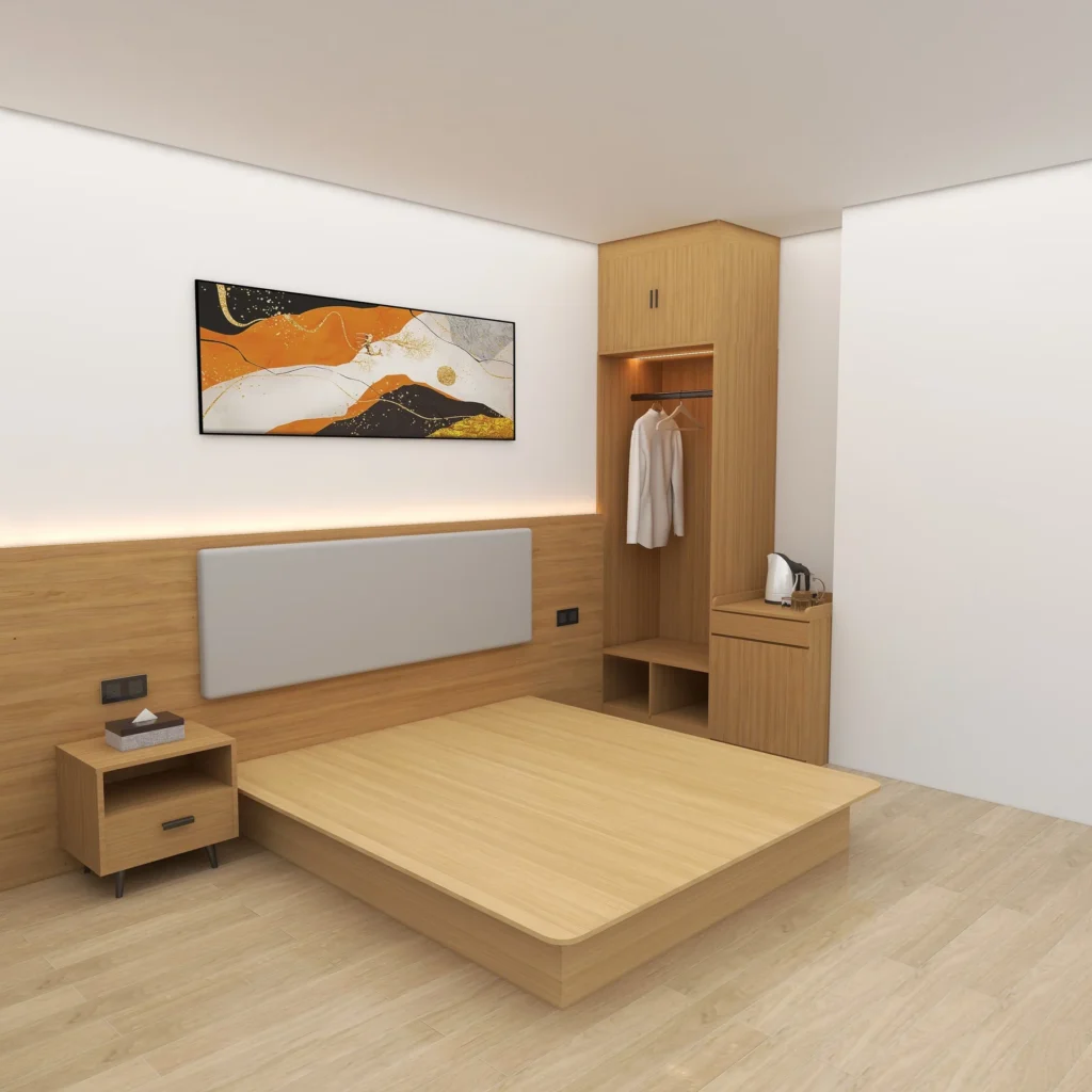 Light-oak platform bed with a gray padded headboard panel, nightstand with drawer, and an open wardrobe with a kettle counter