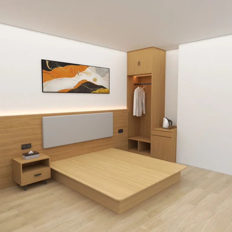 Light-oak platform bed with a gray padded headboard panel, nightstand with drawer, and an open wardrobe with a kettle counter