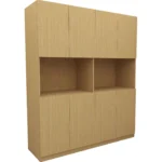 Tall light-oak cabinet with four upper doors, two open niches and four lower doors, on white
