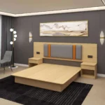 Light-wood platform bed with a gray padded headboard with two orange stripes and two wood nightstands