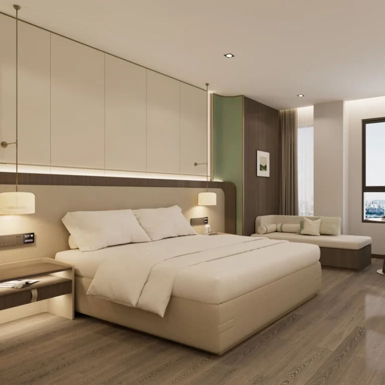 Beige upholstered bed with a wide curved headboard, floating bedside shelves, sage-green side panel and a chaise