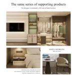 Layout sheet of the same series: TV wall, vanity with mirror, open wardrobe, bedside detail and round table with armchair