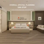 Bed in front of the pale wall panels with callout labels for the background wall and bedside cupboard
