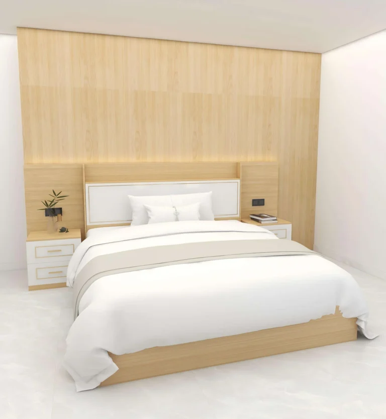 Light-oak bed with a white padded headboard, side shelves and a two-drawer nightstand against a light-oak wall panel