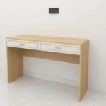 Light-oak desk with two white drawers with gold-tone handles