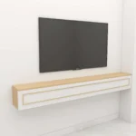 Wall-hung light-oak and white shelf with a wall-mounted TV above it