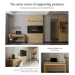 Layout sheet of the same series: TV wall unit, desk area and a full-length mirror with coat hooks