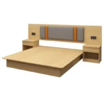 Light-oak platform bed with a long backboard, gray padded headboard with orange stripes and two open-shelf nightstands