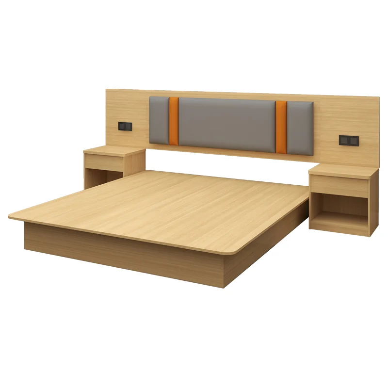 Light-oak platform bed with a long backboard, gray padded headboard with orange stripes and two open-shelf nightstands