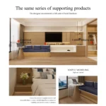 Layout sheet of the same series: TV wall, window bench with a round table, long ledge, hanging area and bedside detail