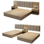 Wide bed and twin layout on a white background, each with a gray padded headboard and open-shelf nightstands