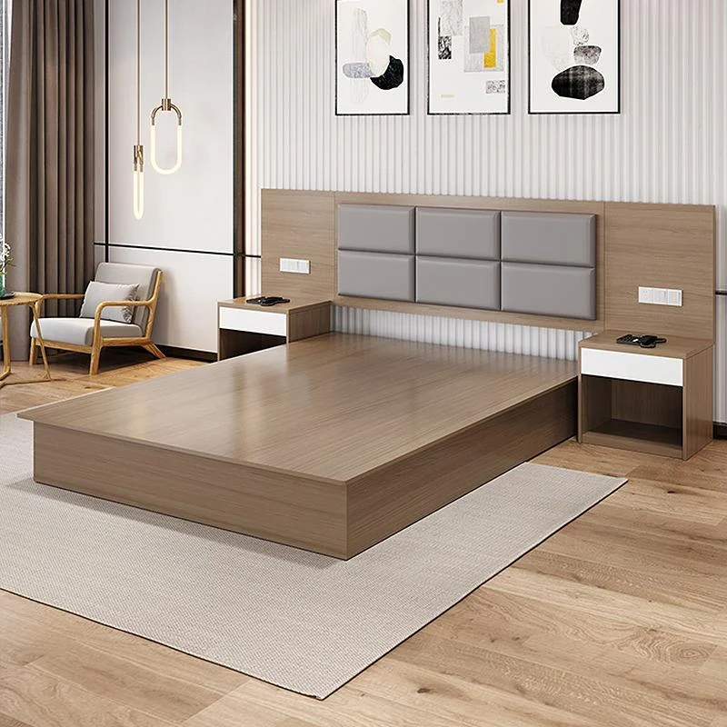 Taupe wood-grain platform bed with a gray six-block padded headboard and nightstands with a white drawer and open shelf