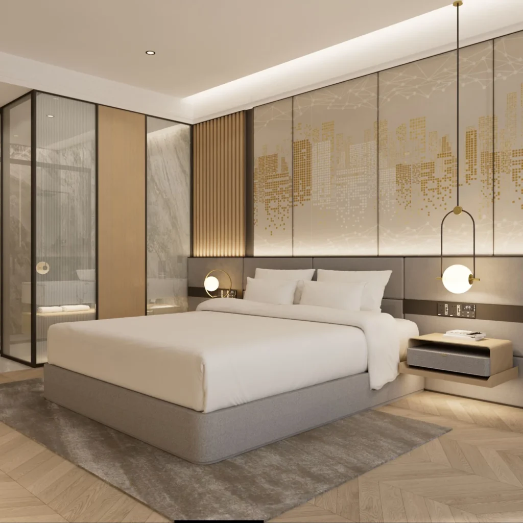 Light gray upholstered bed with a wide padded headboard, floating bedside unit, globe pendants and a gold city-pattern wall