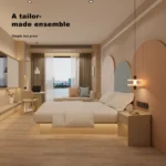 Room view toward the window with the bed, a daybed with cushions, a round table and chair and a pendant lamp