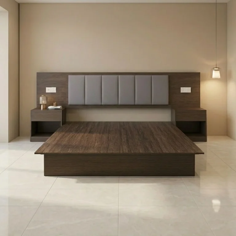 Dark walnut platform bed with a backboard, gray-mauve padded headboard in vertical strips and two open-shelf nightstands