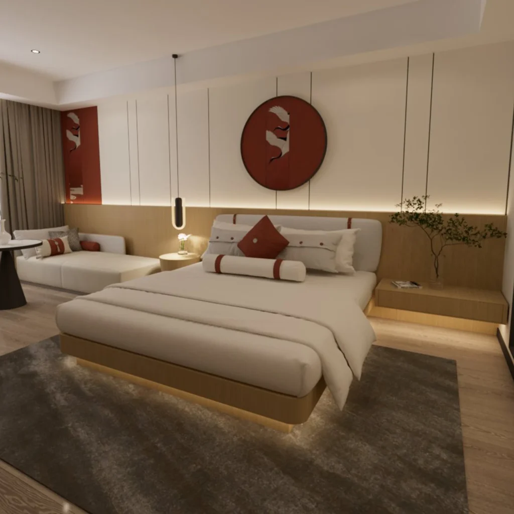 Cream padded bed with red cushions, light-wood backboard with floating ledge, red wall disc and a sofa at the left