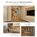 Layout sheet of the same series: bathroom and vanity zone with glass partition, open wardrobe and TV wall