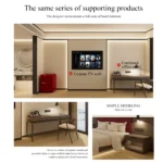 Layout sheet of the same series: TV wall, desk area, a red mini fridge, vanity and bedside detail