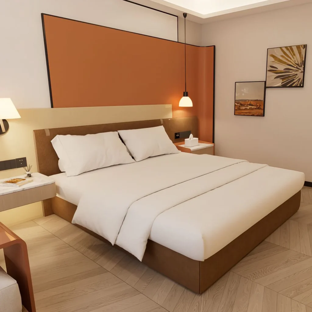 Upholstered bed with a brown base and low backboard in front of a curved orange wall panel, with a floating bedside shelf