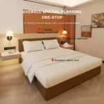 Bed in front of the orange wall panel with callout labels for the background wall and bedside cupboard