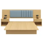 Light-wood platform bed with a wide backboard, blue-gray padded headboard and two open-shelf nightstands, on white