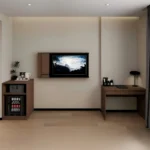 Wood TV panel on the wall with a cabinet holding a mini fridge and a kettle, and a small desk with a lamp