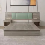 Gray wood-grain platform bed with a wide backboard, mint-green padded headboard and two nightstands with socket panels