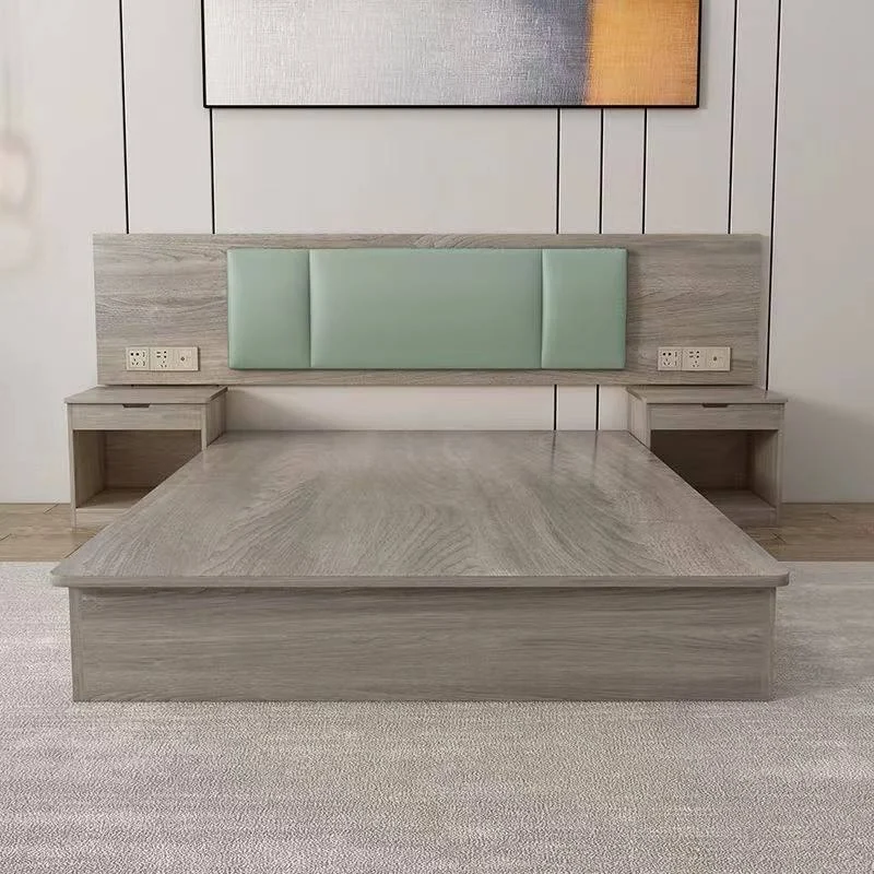 Gray wood-grain platform bed with a wide backboard, mint-green padded headboard and two nightstands with socket panels