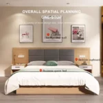 Wide bed with a gray six-block padded headboard, white-drawer nightstands and callout labels
