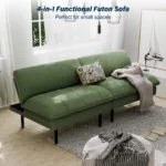 Green futon loveseat in a bright living room