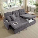 Gray L-shaped sleeper sectional with the bed pulled out and the storage chaise open