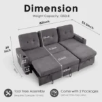 Sectional dimensions: 82 in wide, 52.5 in deep at the chaise, 34 in high, 18.2 in seat height