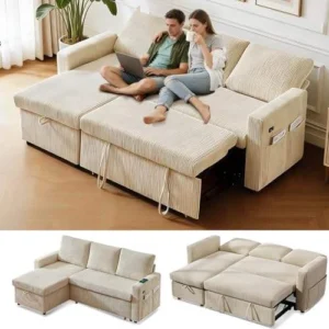 Cream L-shaped sofa opened into a bed, with two people sitting on it