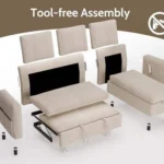 Exploded view of the sofa parts: back cushions, arms, chaise and pull-out frame