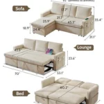 Dimensions in sofa, lounge and bed modes: 82 in wide, 35.4 in high, bed 70 × 53.1 in