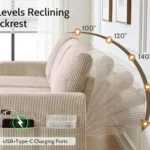 Backrest reclining in five steps from 100° to 180°, with USB and Type-C ports in the arm